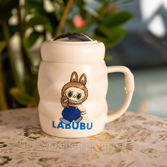 Чашка фарфоровая с крышкой Labubu 400 (мл) подарочная кружка прикольная чашка для детей на подарок Белый с синим FM-54A