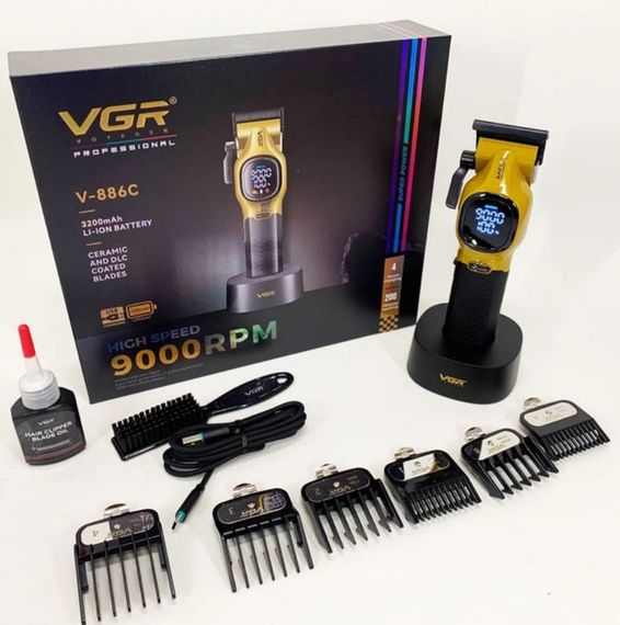 Универсальная машинка для стрижки VGR V-886C GOLD с 6 насадками професиональная аккумуляторная на подставке LED-дисплей Золотистая | Зображення 7