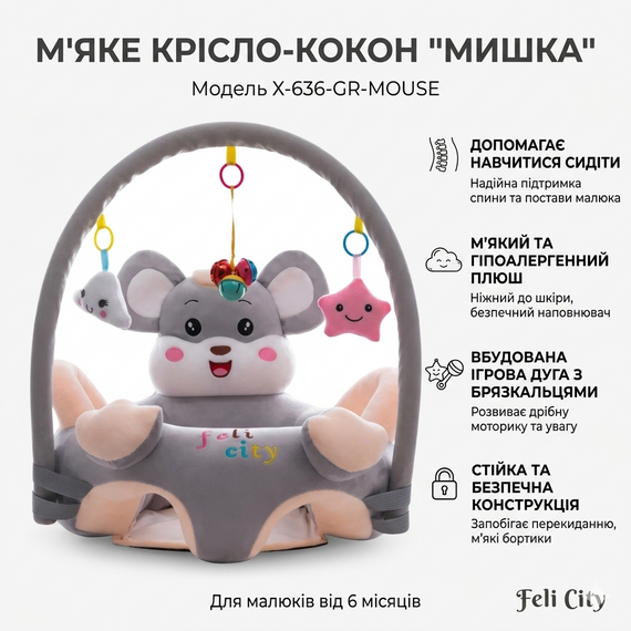 Детское мягкое кресло-сидение "Серый Мышка" X-636, плюшевый диванчик-кокон для малышей