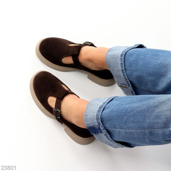 Замшеві демі туфлі на ремінці натуральна замша низький хід колір Шоколад | Зображення 7