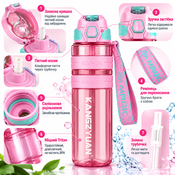 Спортивная бутылка KANGZYUAN 1000 мл розовая - Tritan BPA Free, ударопрочная бутылка для воды с трубочкой, герметичной крышкой | Зображення 1