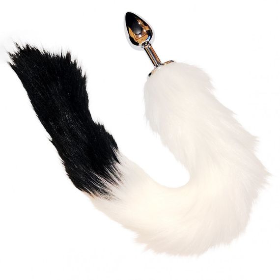 Анальна пробка з чорно-білим лисячим хвостом, метал, S