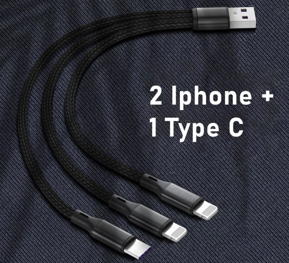USB кабель Primo X47-3 3-in-1 Type-C / 2 x iPhone короткий 20см - Black | Зображення 2