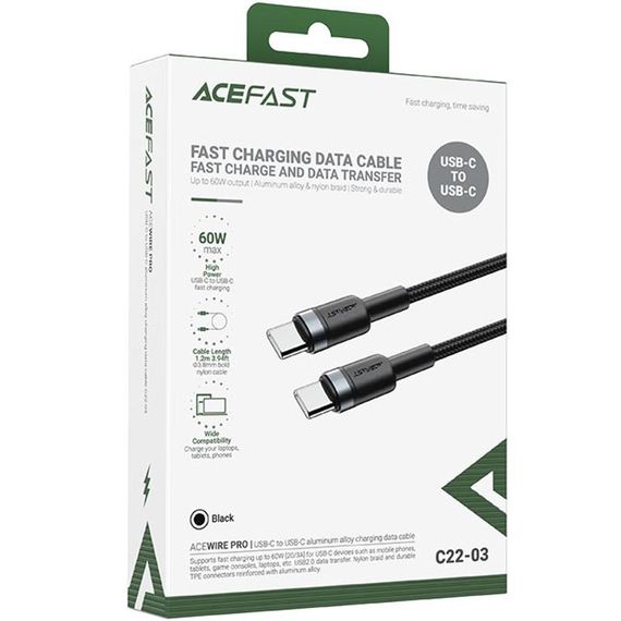 Дата кабель Acefast C22-03 Type-C to Type-C 60W (1.2m) Black | Зображення 1