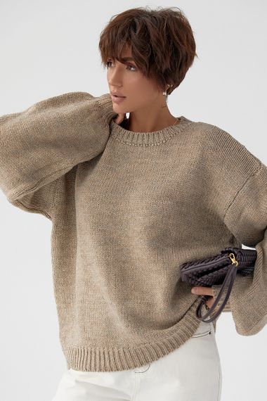 В'язана однотонна кофта з рукавами-ліхткриками - кавовий цвет, ONE SIZE (є розміри)