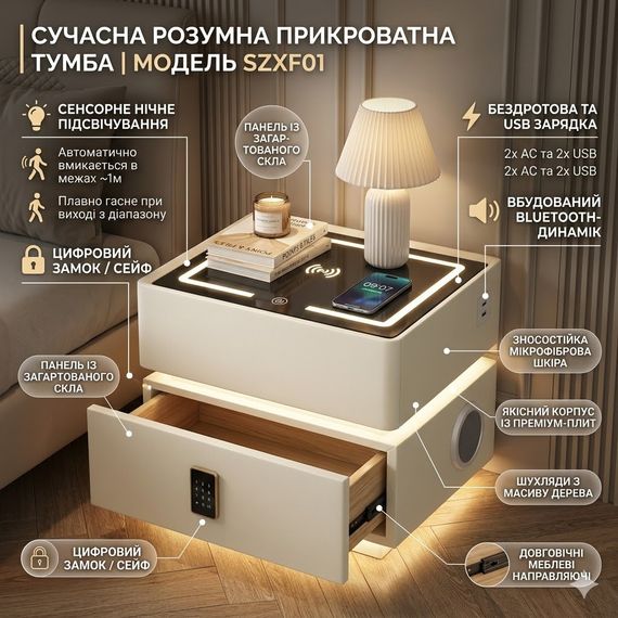 Умная расстраиваемая тумба YJXF01 White со встроенным сейфом, беспроводной зарядкой и Bluetooth-колонкой (Белая экокожа) | Зображення 2