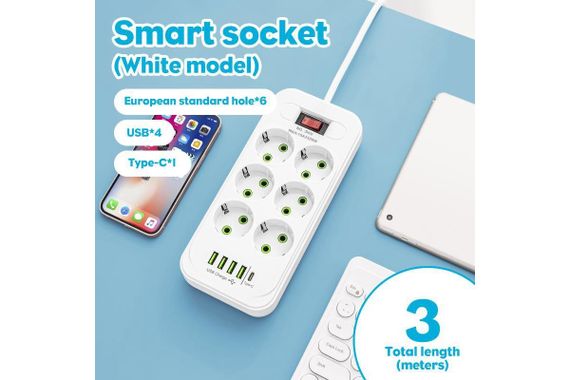 Мережевий подовжувач/фільтр/розгалужувач (D6) 6х220V + 4хUSB+ 1хType-C 3 метри | Зображення 1