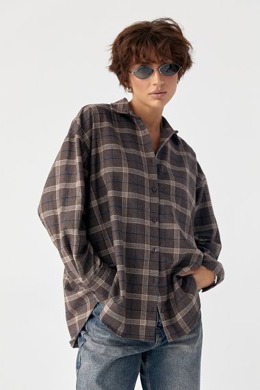 Бавовняна сорочка в клітинку з напівкруглим низом - коричневий цвет, L (є розміри) | Зображення 4