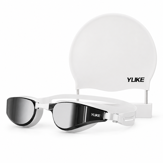Набор для плавания Очки YUKE зеркальные с шапочкой, черно-белые - HD Anti-Fog, UV-защита, панорамный обзор | Зображення 1