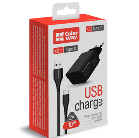 Зарядний пристрій мережевий USB + кабель Type-C 2,4A 10W чорний ColorWay CW-CHS012CC-BK