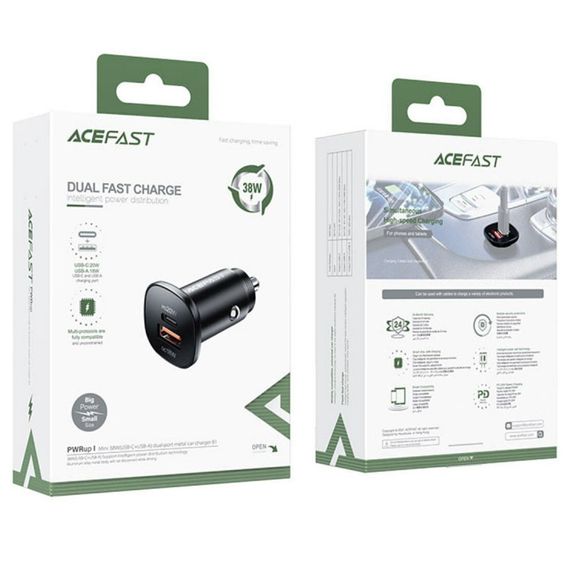 АЗП Acefast B1 mini dual-port metal car charger 38W (1USB-A/1C) Black | Зображення 4
