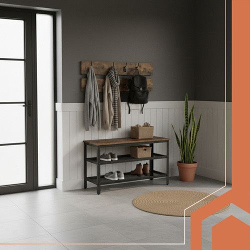 Шафа для взуття RUHHY 2-в-1 з вішалками — лавка із сидінням, 2 полиці, коричнева стільниця в стилі індустріального лофта | Зображення 4