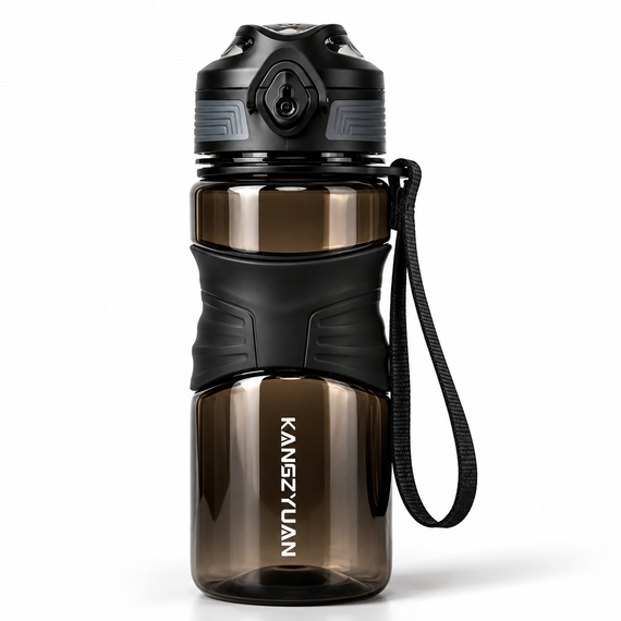 Бутылка для воды KANGZYUAN 650 мл черная спортивная из тритана Tritan BPA Free, ударопрочная, с кнопкой и ремешком