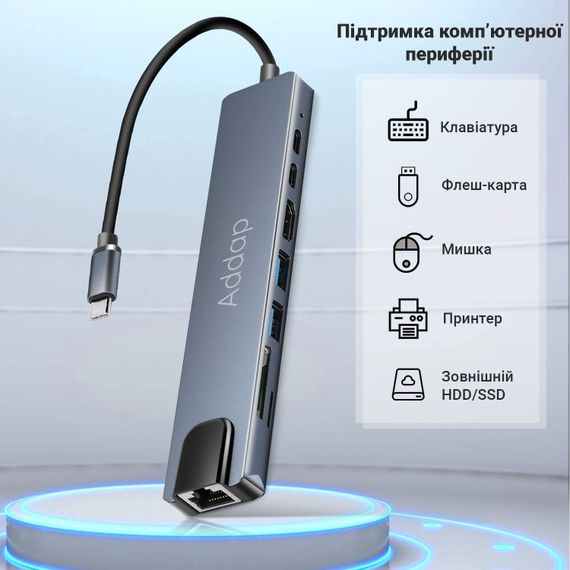 Мультифункциональный USB Type-C хаб Addap MH-04, 8 в 1: HDMI/HDTV + PD + USB C + SD + TF + RJ45 | Зображення 5