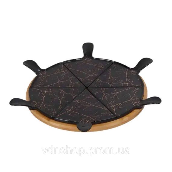 Тарілка для піци 28 см порцелянова з бамбуковою підставкою, що обертається, секційна чорна HP1247