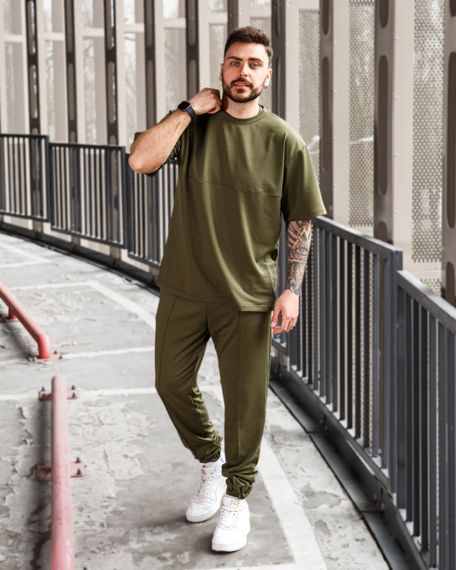 Мужской летний спортивный костюм двойка футболка + штаны BD0016 размер S, цвет хаки