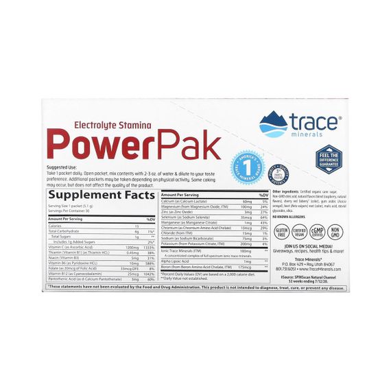 Електроліти, Electrolyte Stamina Power Pak, Trace Minerals Research, малина, 30 пакетів по 5.1 г кожен | Зображення 2