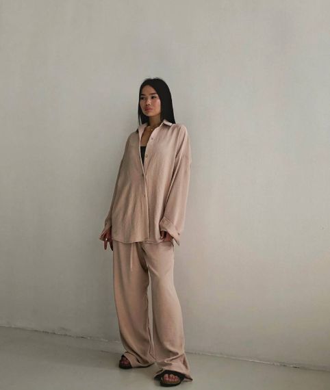 Женский легкий костюм тройка брюки, топ, рубашка BF1048 цвет бежевый, размер 42/44 | Зображення 3