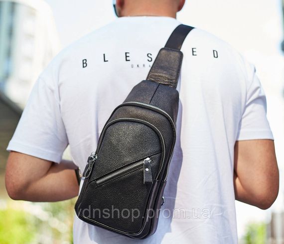 Чоловічий слінг через плече 18х32х7, шкіряна бананка нагрудна, сумка рюкзак Tiding Bag 33737 чорна | Зображення 4