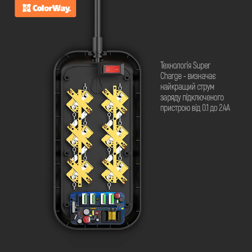 Фільтр мережевий 6 розеток/4USB 2м чорний CW-CHE64B ColorWay | Зображення 8