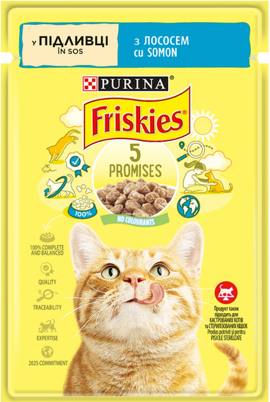 Вологий корм пауч Purina Friskies pouch для котів шматочки в підливі з лососем, 85г