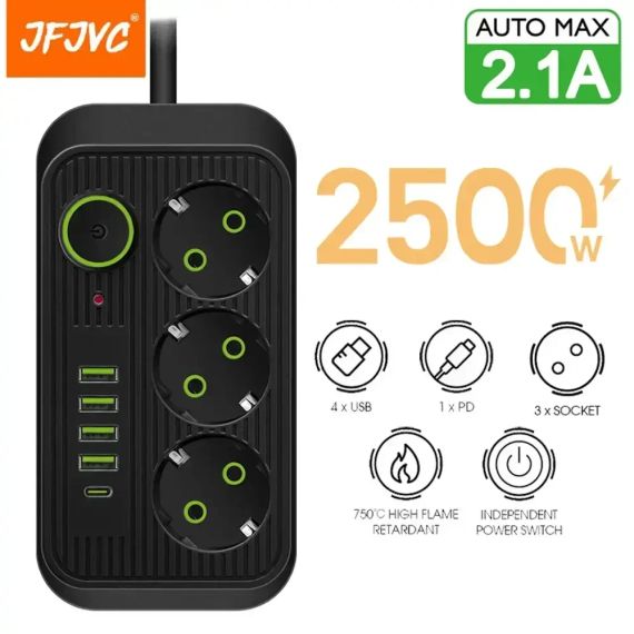 Сетевой фильтр питания UA Power Socket F09U 3 розетки +4USB +Type-C Port 2m, сетевой удлинитель розеток | Зображення 1