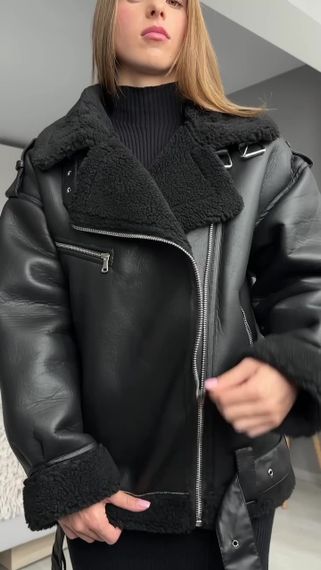 Дубленка OVERSIZE из эко-кожи женская, цвет черный S-M | Зображення 3