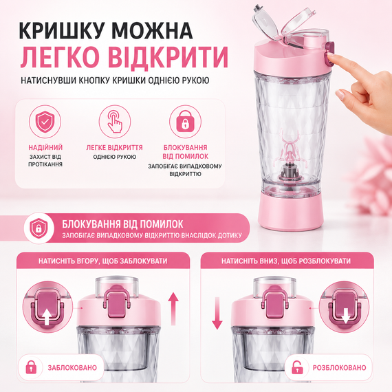 Электрический шейкер 650 мл — Розовый, аккумуляторный с LED-подсветкой и контейнером для смеси | Зображення 2