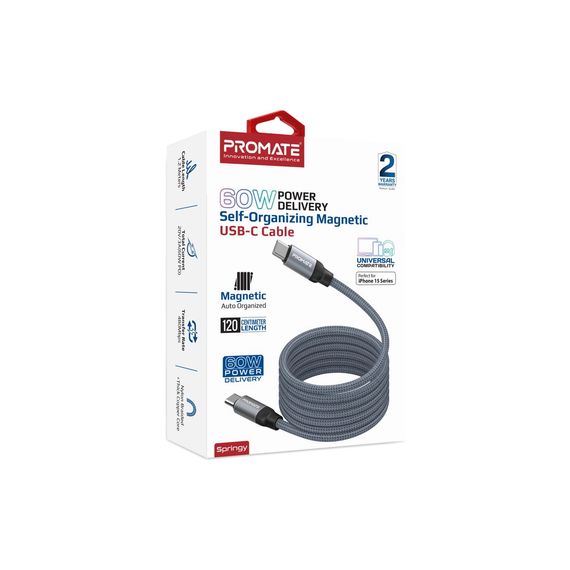 Дата кабель USB-C to USB-C 1.2m Promate (springy.grey) | Зображення 1