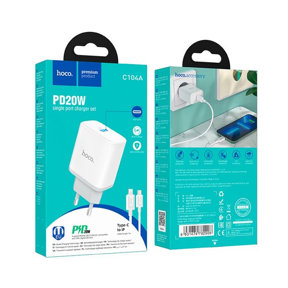 Набір СЗУ 110-240V HOCO C104A + кабель Lighting, 1xUSB-C, PD20W, кабель 1м | Зображення 1