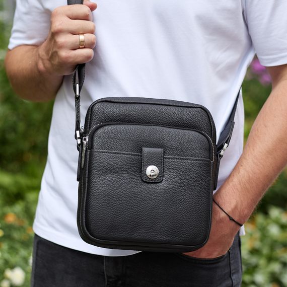 Чоловіча шкіряна універсальна сумка 24х20х8, барсетка зі шкіри, сумочка для чоловіків з регулюванням ручки, чорна | Зображення 2