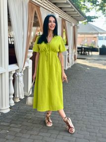 Жіноча довга літня сукня з мусліну легка із завищеною талією розмір 54/56 колір гірчичний GF58774