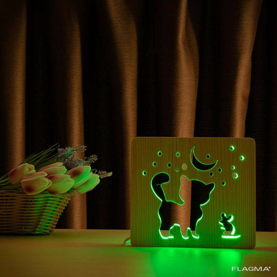 Светильник ночник ArtEco Light из дерева LED "Кот и мышка под луной" с пультом и... | Зображення 1