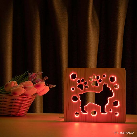 Светильник ночник ArtEco Light из дерева LED "Собака бульдожка" с пультом и...