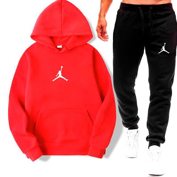 Мужской спортивный костюм двойка штаны + худи, теплый на флисе, Джордан AD0001 цвет черно-красный, размер M
