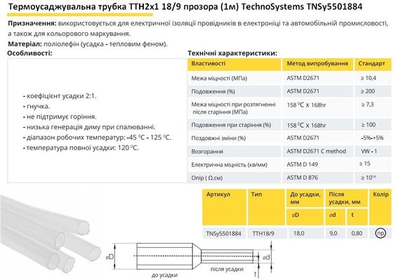 Термоусадочна трубка ТТН2х1 18/9 прозора 1 метр Ny95501884 | Зображення 1