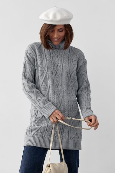 Женская вязаная туника с высоким воротником и косичками - серый цвет, M (есть размеры) | Зображення 6