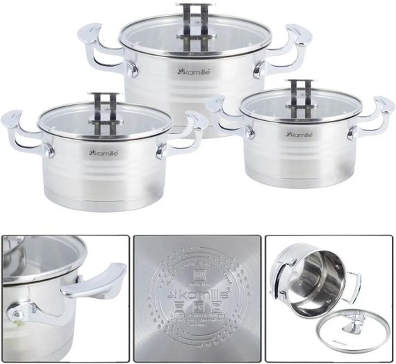 Набір 3 каструлі Kamille Casserote 1.7л, 2.4л, 3.1л з нержавіючої сталі зі скляними кришками | Зображення 1