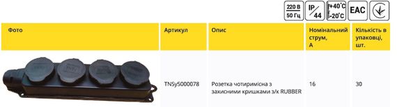 Розетка каучукова четвірна з заземленням і захисною кришкою переносна RUBBER IP44 Ny95000078 | Зображення 6