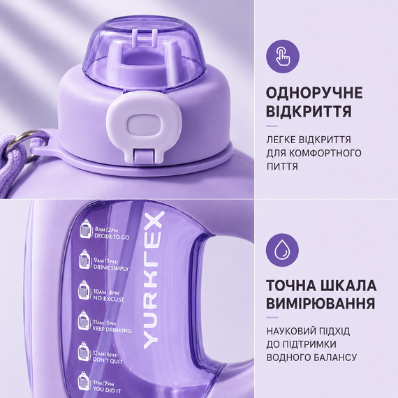 Спортивная бутылка для воды 1.5 л (1500 мл) Фиолетовая - с ручкой и трубочкой без BPA, с мотивирующей шкалой времени | Зображення 7