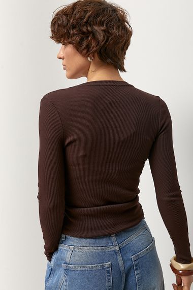 Приталений лонгслів в рубчик на кнопках - коричневий цвет, XL (є розміри) | Зображення 1