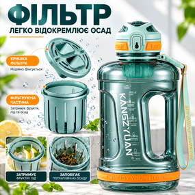Пляшка для води KANGZYUAN 1500 мл спортивна Tritan без BPA, ударостійка, з ручкою та ремінцем, зелена
