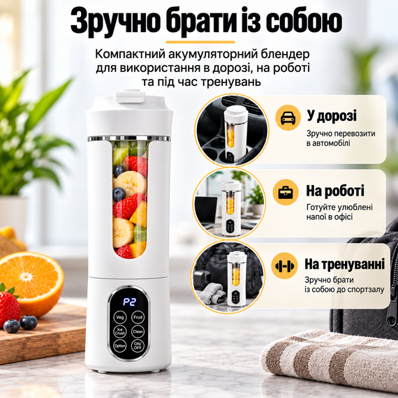 Портативний блендер-шейкер HS-889 530 мл, 12 лез SUS304, акумулятор 1300 мА·год, USB Type-C, для смузі та коктейлів, білий | Зображення 8