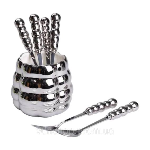 Набір десертних виделок і ложок на 3 персони з підставкою з порцелянау 7 предметів Сірий HP-20-61 | Зображення 1