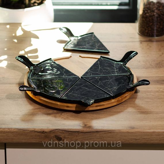 Тарілка для піци 28 см порцелянова з бамбуковою підставкою, що обертається, секційна чорна HP1247 | Зображення 1