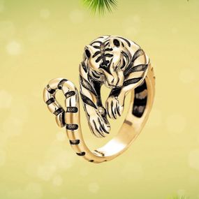 Каблучка жіноча або чоловіча тигр стрибає на здобич - стиль і сила життя розмір регульований золотистий