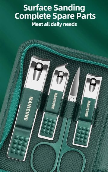 Зеленый маникюрный набор из 9 предметов с кожаным чехлом, из нержавеющей стали | Зображення 5