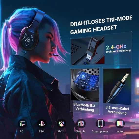 Беспроводная игровая гарнитура Bluetooth 2,4 ГГц, 3,5 мм наушники накладные полноразмерные для PC PS4 PS5 Mac | Зображення 1