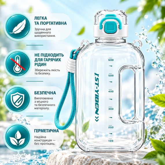 Спортивна пляшка для води ST-YIBEN 750 мл з ремінцем — багаторазова з еко-пластику BPA-free, герметична кришка, біла з бірюзовими | Зображення 1