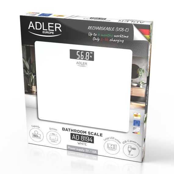 Весы напольные электронные стеклянные аккумуляторные Adler AD 8194 белые до 180 кг с высокой точностью | Зображення 9